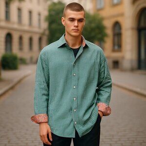 Robert Graham Flip Cuff Shirt‎ Mens XL Green & Blue Geometric Preppy